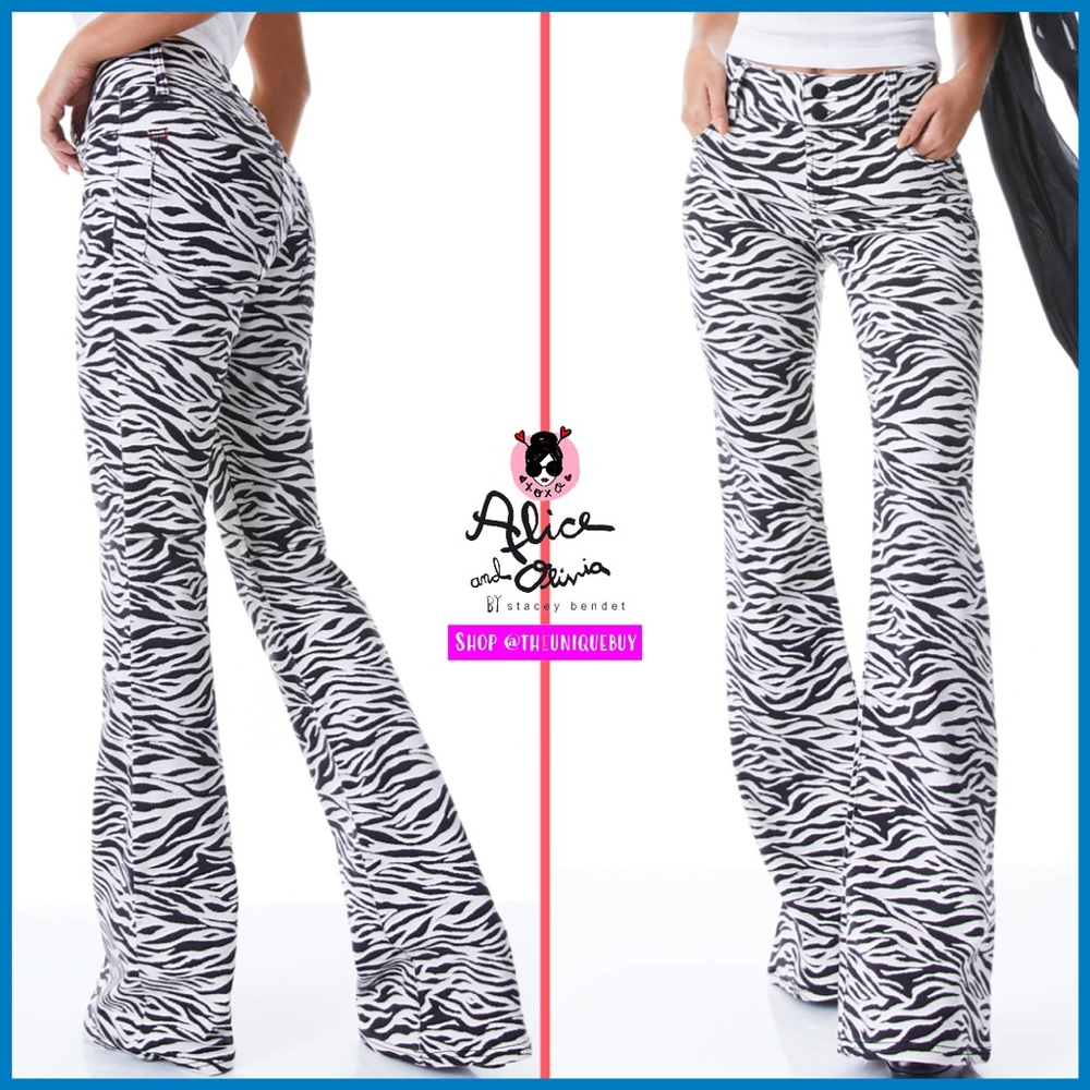 Alice + Olivia Stacey Zebra Striped Low Rise Bell Bottom Jeans
